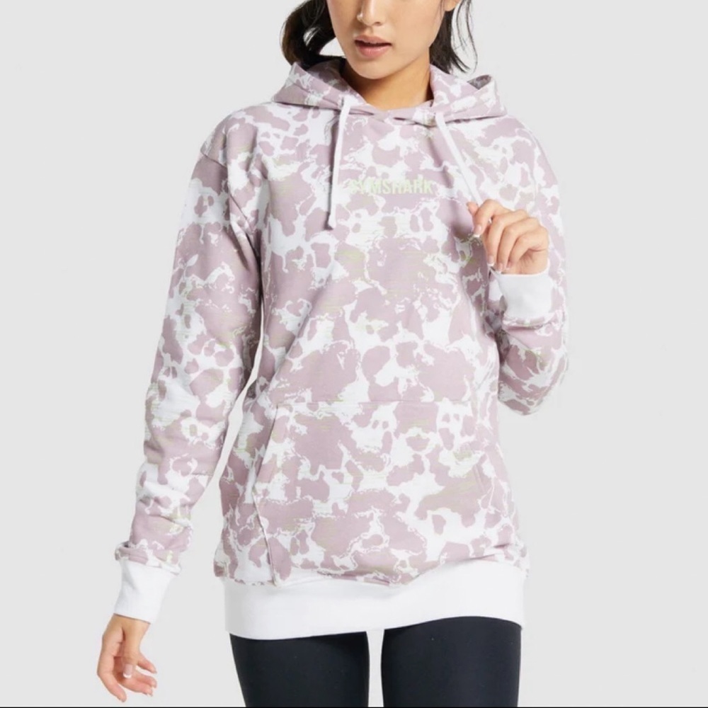 (NWOT) Gymshark Camo Graphic Oversized White/ Purple Hoodie, Medium